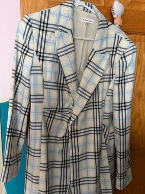 Calvin Klein Long Sleeve Cream Plaid Blazer Dress - Blue and Black
